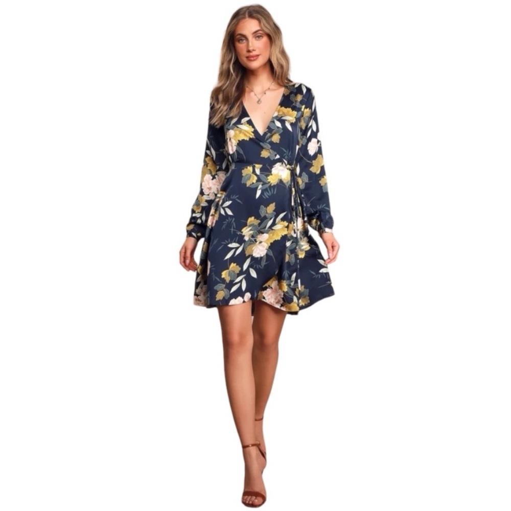 Lulu's Navy Floral Wrap Dress with Yellow and Cream Accents